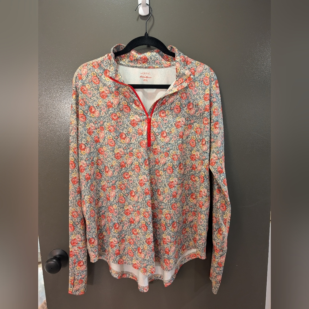 Eddie Bauer Floral Quarter-Zip Top - Red and Gray
